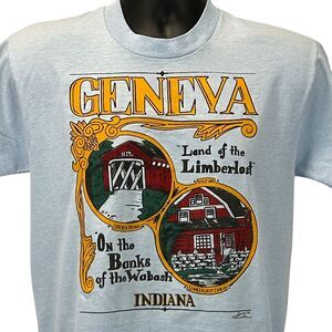 Vintage Geneva Indiana T Shirt Mens Small Limberlost Wabash 90s Made In USA Blue